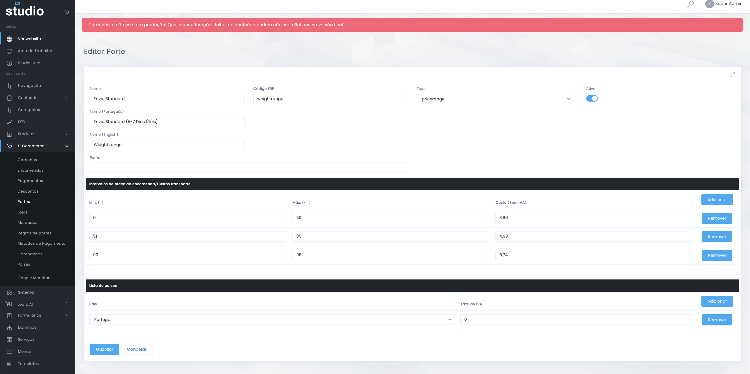 Configuração de um porte no E-commerce do Studio CMS